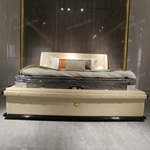 Creamy Ivory Upholstered Bed with Diamond-Quilted Detailing, Gilded Emblem & High-Gloss Natural Wood Veneer Trim